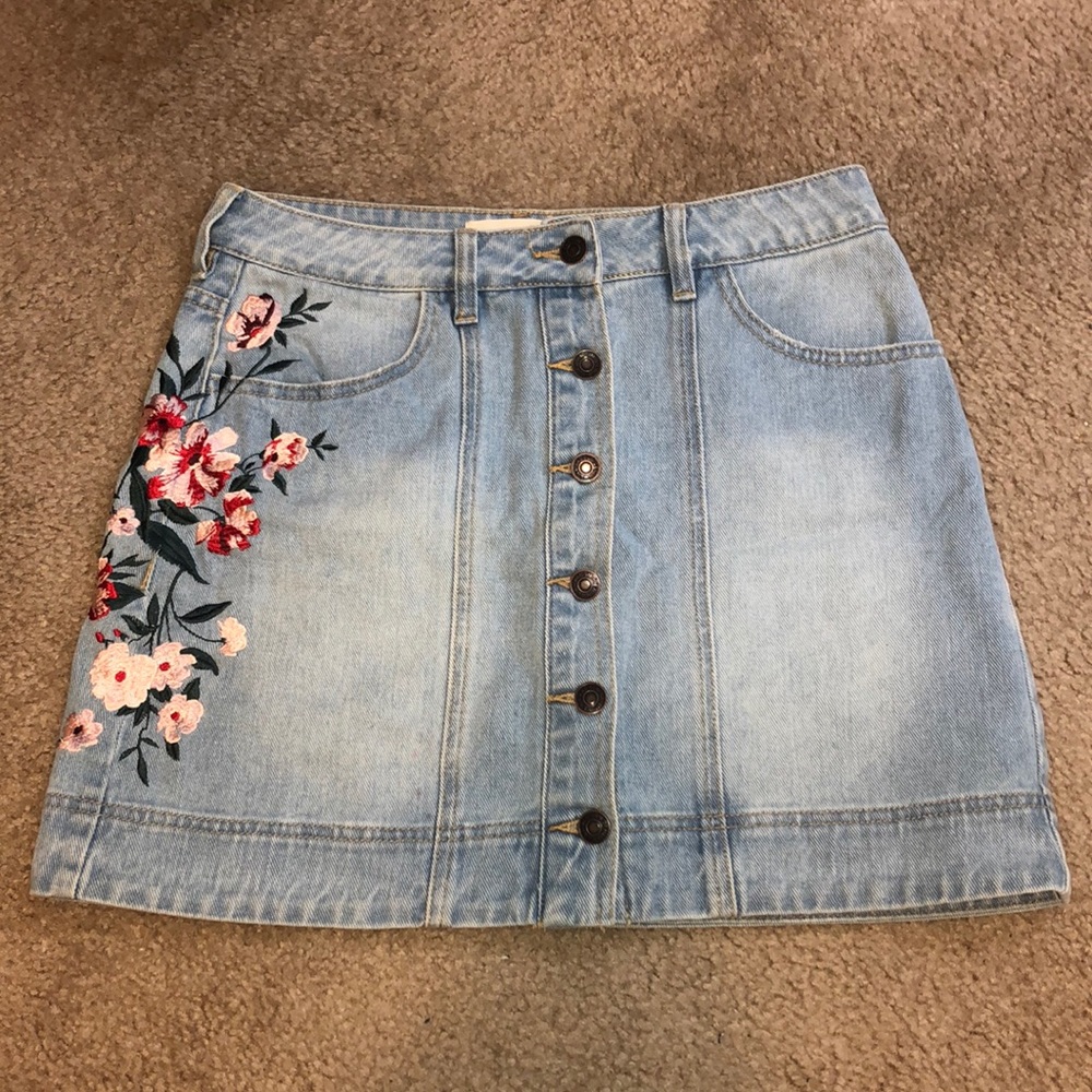 SOLD Flower Embroidered Jean Skirt